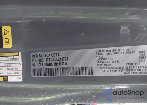 2020 Jeep Gladiator Sport S 4X4 из США, поврежденный, VIN 1C6HJTAGXLL211794